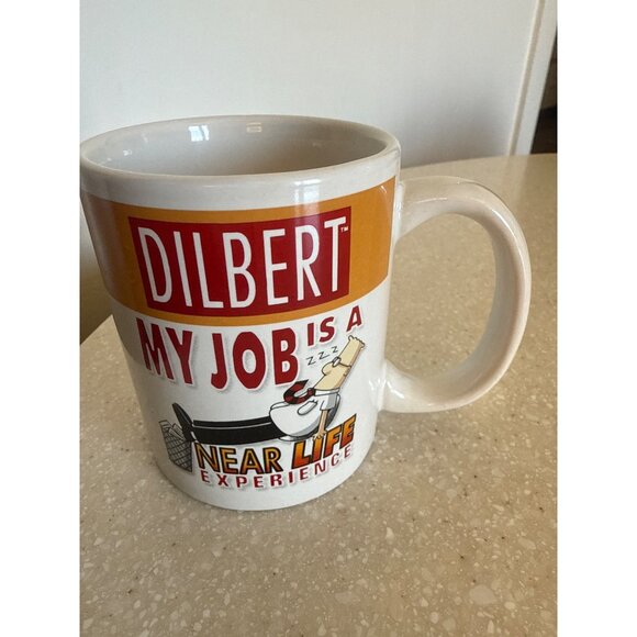 Dilbert Comic Mug "My Job Is A Near Life Experience" White & Orange Ceramic Coff - Picture 1 of 5